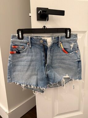 MOTHER Light Blue Distressed Jean Shorts with Red & Orange Pocket Trim